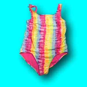 Swimsuit with rainbow pattern tie dye and faux tie at top of one shoulder